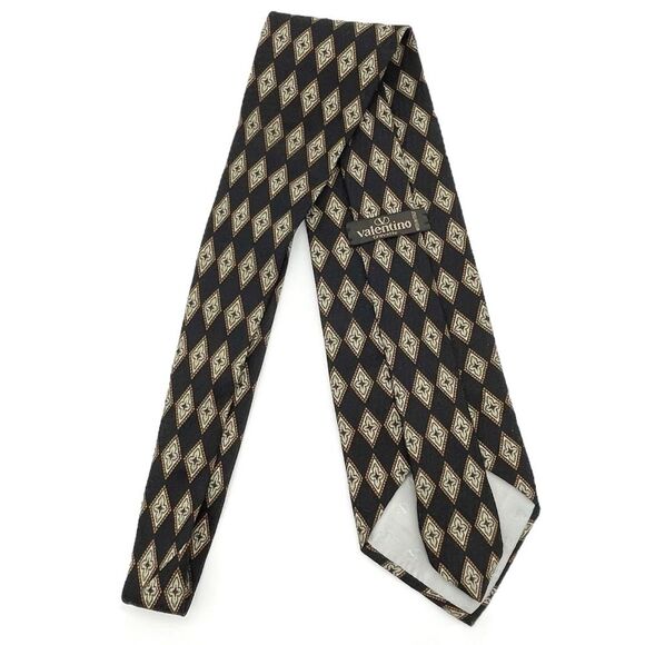 Vintage Valentino Cravatte 100% Silk Necktie Diamond Print Chocolate Gold Black - Picture 4 of 12